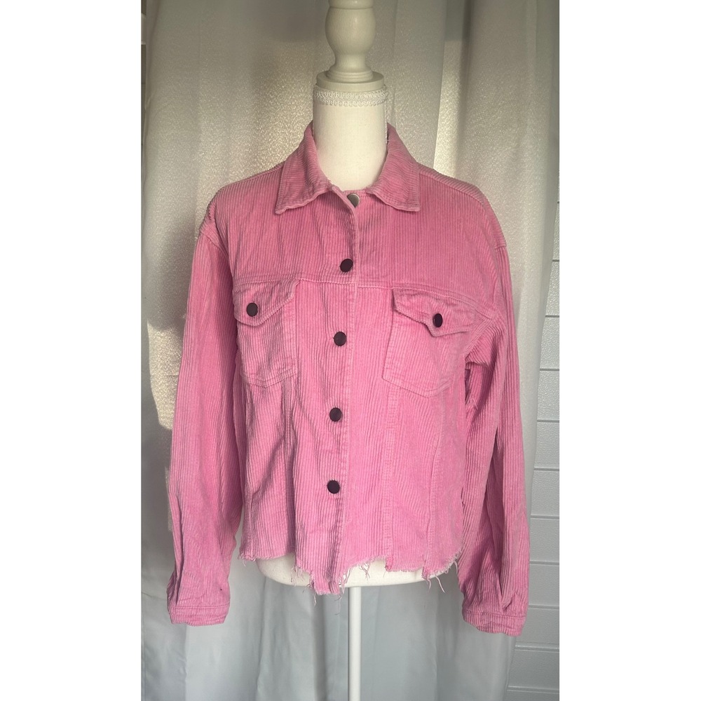 POL Pink Corduroy Jacket Raw Hem Button Up Shacket Womens distressed. M
